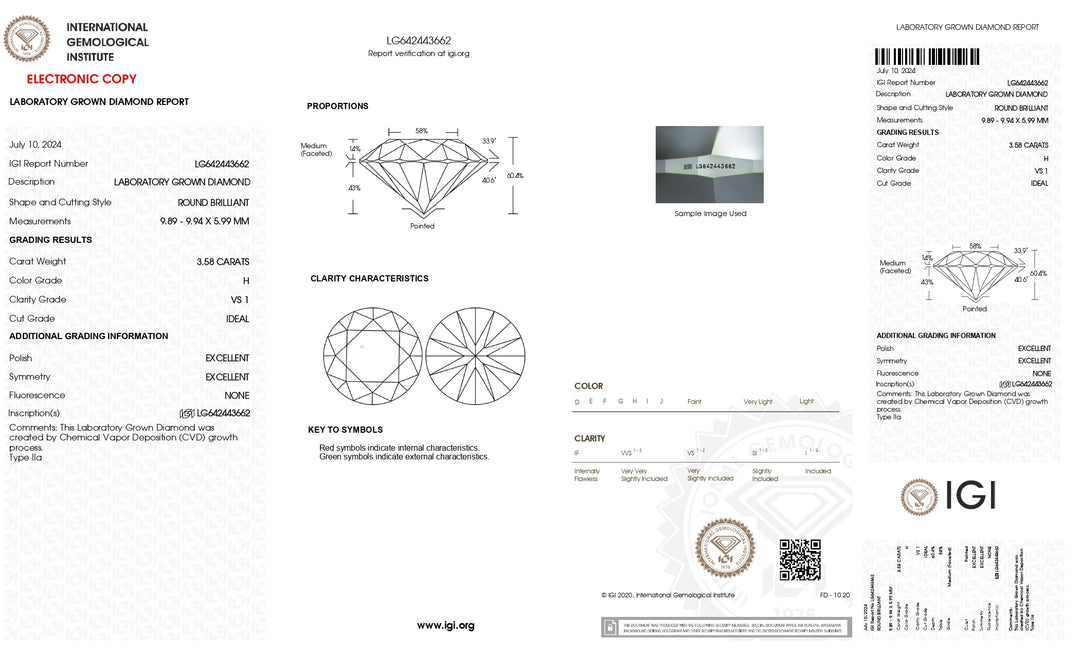 3.58 CT IGI Certified Round Cut Lab-Grown Diamond - H Color, VS1 Clarity