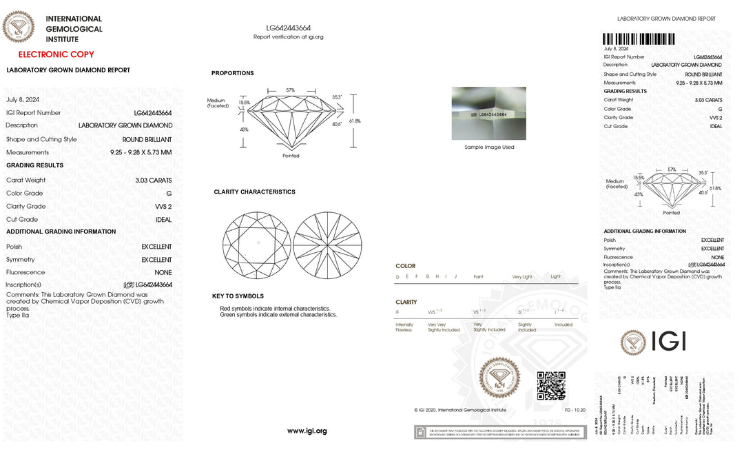 3.03 CT IGI Certified Round Cut Lab-Grown Diamond - G Color, VVS2 Clarity