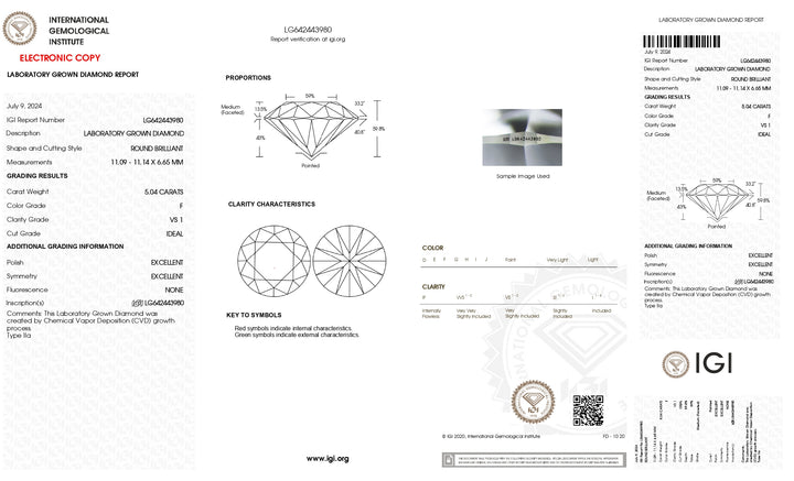 Diamant cultivé en laboratoire de taille ronde certifié IGI de 5,04 ct - Clarté VS1, couleur F