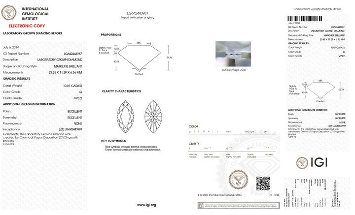 IGI Certified 10.01 CT Marquise Cut Lab-Grown Diamond | VVS2 Clarity, G Color