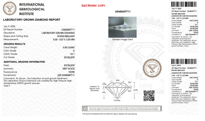 IGI-zertifizierter, runder, im Labor gezüchteter Diamant im Wert von 0,50 Karat – Farbe D, Reinheit VS1, exzellenter Schliff