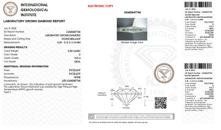 IGI-zertifizierter, im Labor gezüchteter Diamant im Rundschliff, 0,50 Karat – Farbe D, Reinheit VVS2, idealer Schliff