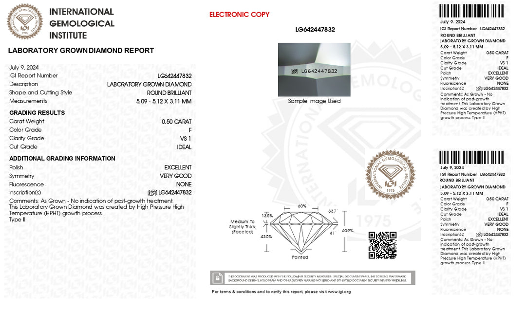 IGI-zertifizierter, im Labor gezüchteter Diamant im Rundschliff, 0,50 Karat, Farbe F, Reinheit VS1, hervorragende Qualität