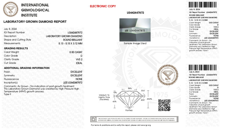 IGI-zertifizierter, im Labor gezüchteter Diamant im Rundschliff, 0,50 Karat – Farbe D, Reinheit VVS2, idealer Schliff