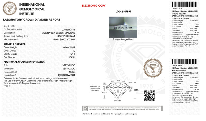 IGI-zertifizierter, im Labor gezüchteter Diamant im Rundschliff, 0,50 Karat – Farbe D, Reinheit VS1, idealer Schliff