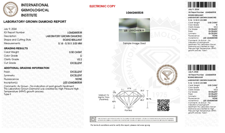 IGI-zertifizierter, im Labor gezüchteter Diamant im Rundschliff, 0,50 Karat, Farbe D, VS2