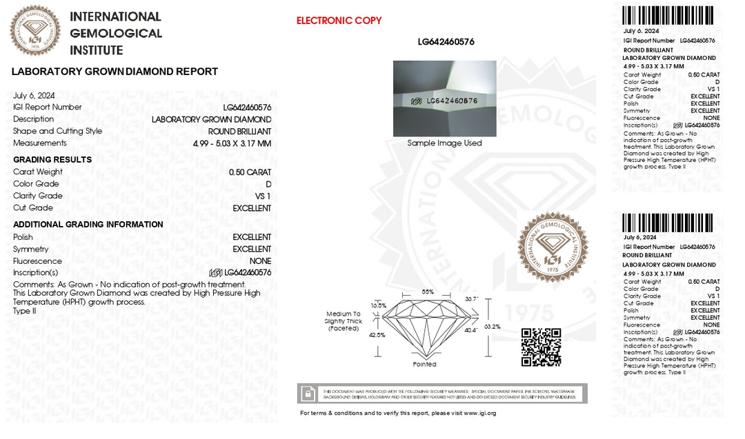 IGI-zertifizierter, runder, im Labor gezüchteter Diamant im Wert von 0,50 Karat – Farbe D, Reinheit VS1, exzellenter Schliff