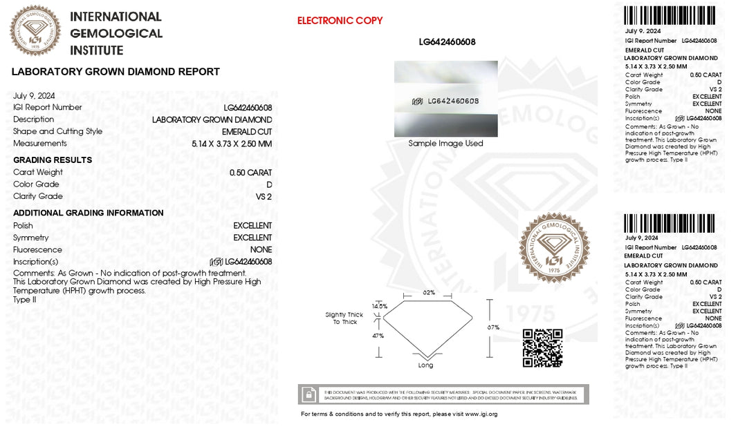 IGI сертифікував 0,50 ct Emerald Cut Lab-вирощений діамант, D Color, VS2 Clarity