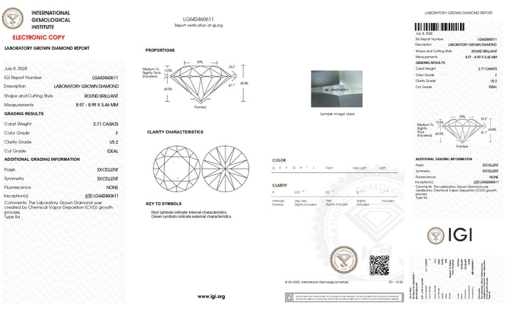 IGI Certified 2.71 CT Round Cut Lab-Grown Diamond - VS2 Clarity, F Color, Ideal Cut