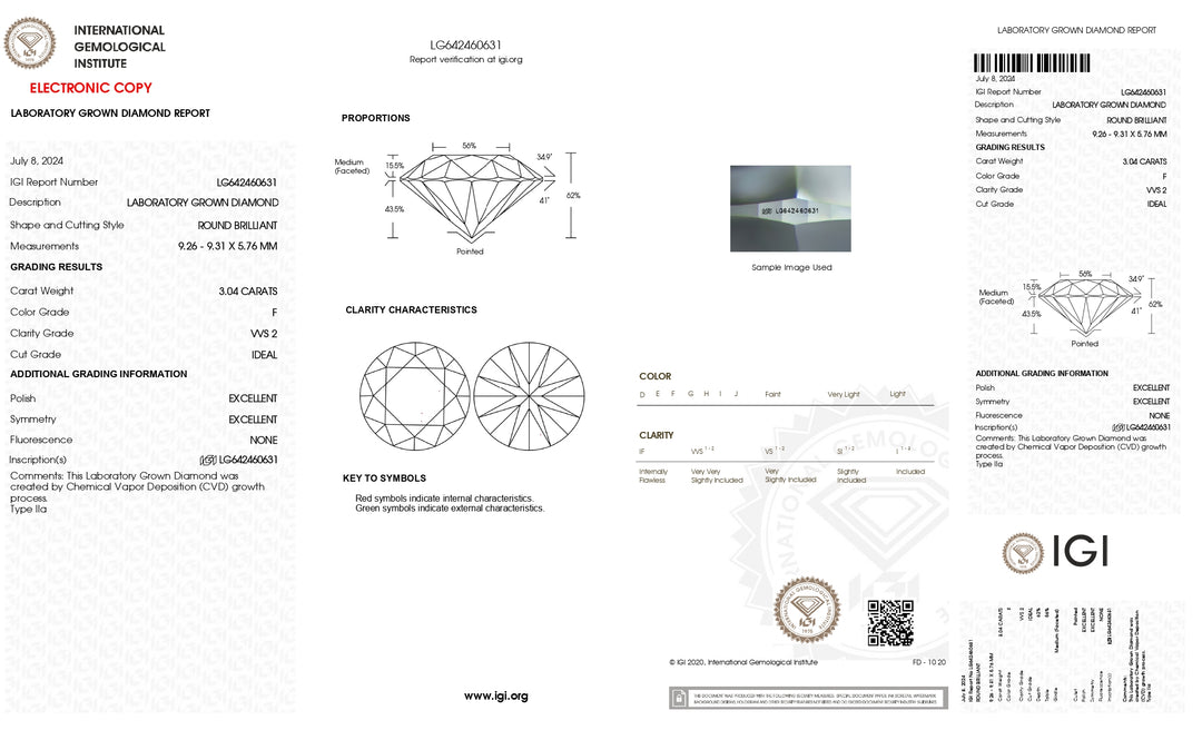 IGI Certified 3.04 CT Round Cut Lab Grown Diamond - VVS2 Clarity, F Color