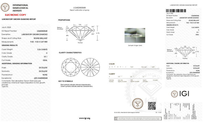 IGI Certified 3.26 CT Round Cut Lab Grown Diamond - VS1 Clarity, H Color