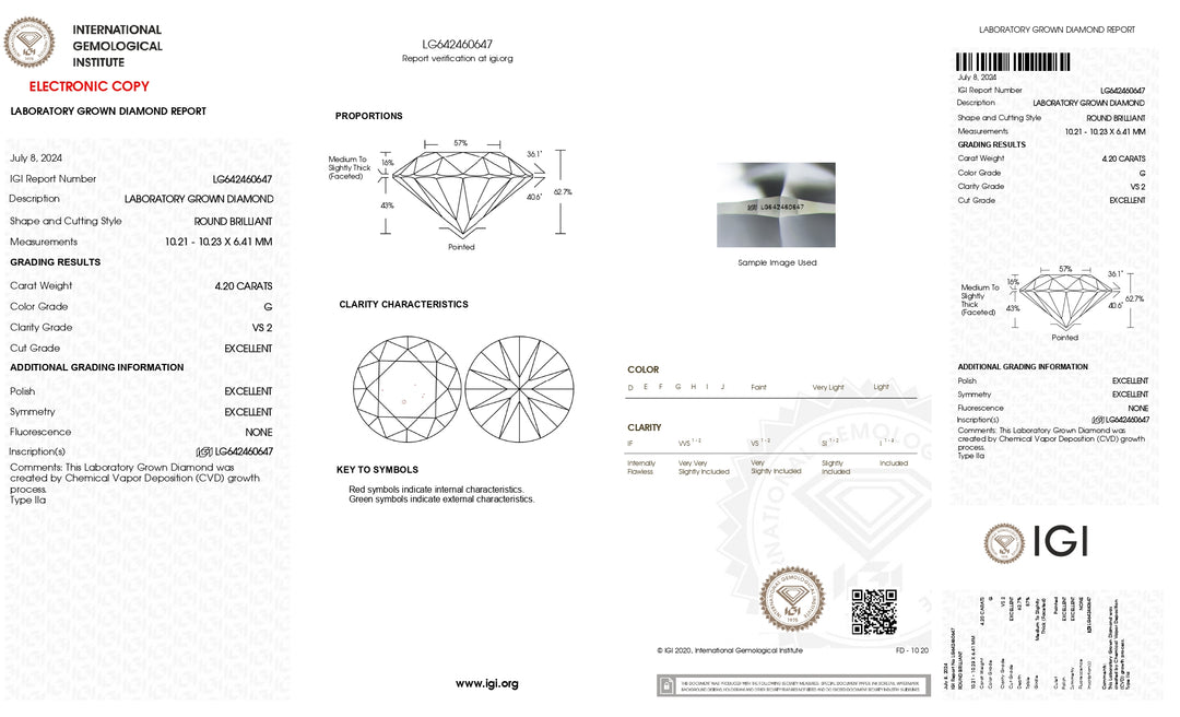 Diamant cultivé en laboratoire de taille ronde certifié IGI de 4,20 ct - Clarté VS2, couleur G