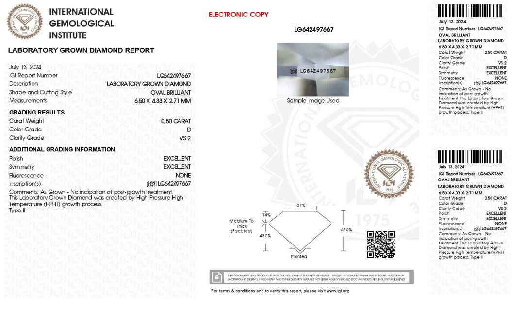 IGI Certified 0.50 CT Oval Cut Lab-Grown Diamond - D Color, VS2 Clarity (HPHT)