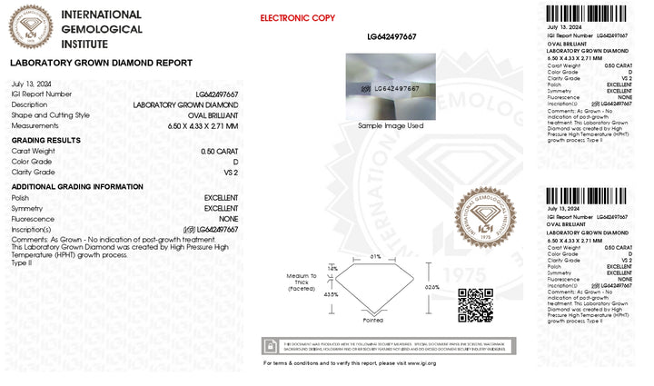 IGI Certified 0.50 CT Oval Cut Lab-Grown Diamond - D Color, VS2 Clarity (HPHT)