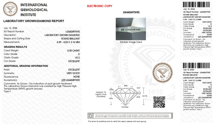 IGI-zertifizierter, im Labor gezüchteter Diamant im Rundschliff, 0,50 Karat, Farbe D, Reinheit VS2