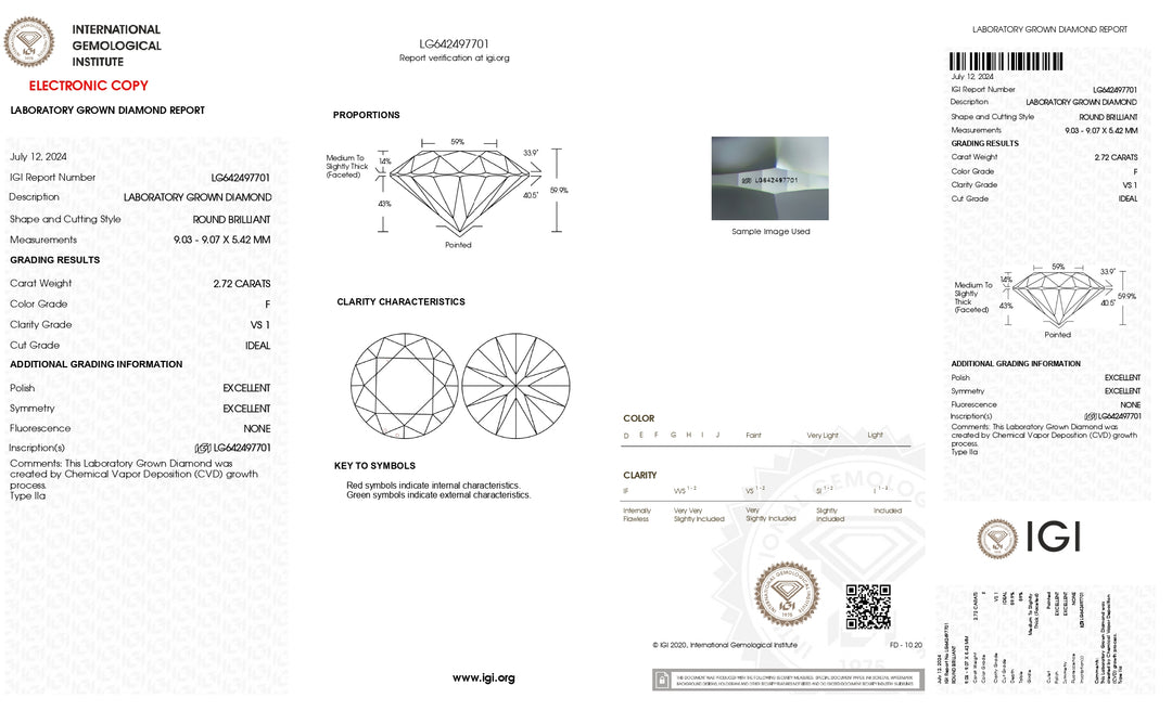 IGI-zertifizierter, runder, im Labor gezüchteter Diamant mit 2,72 Karat – Reinheit VS1, Farbe F, idealer Schliff