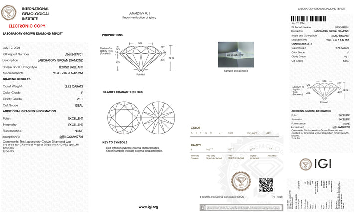 IGI-zertifizierter, runder, im Labor gezüchteter Diamant mit 2,72 Karat – Reinheit VS1, Farbe F, idealer Schliff