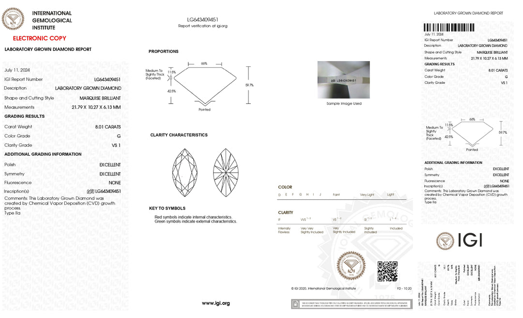 IGI Certified 8.01 Carat Marquise Cut Lab-Grown Diamond (G Color, VS1 Clarity)