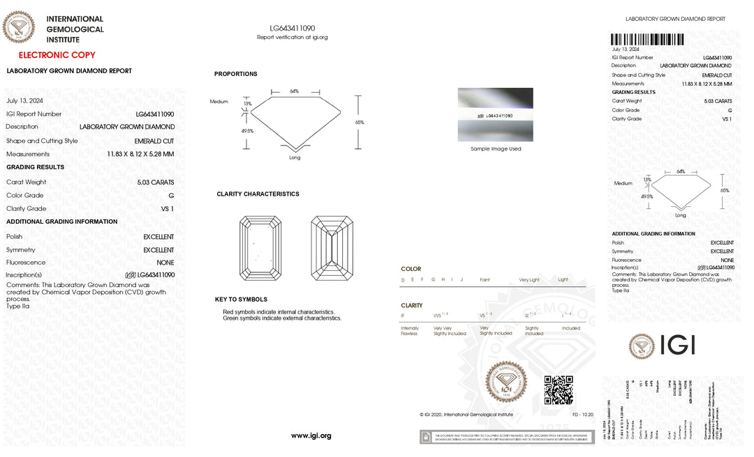 IGI Certified 5.03 CT Emerald Cut Lab-Grown Diamond - G Color, VS1 Clarity, Premium Cut & Polish