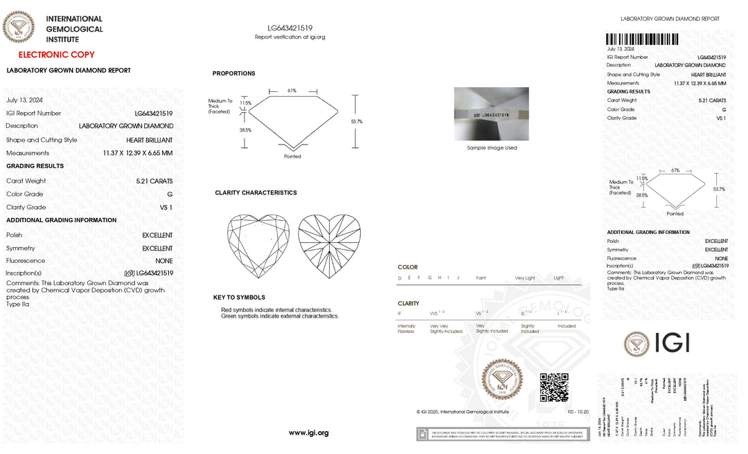 IGI zertifiziert 5,21 CT Heart Cut Labor-Diamant, G-Farbe, VS1 Klarheit