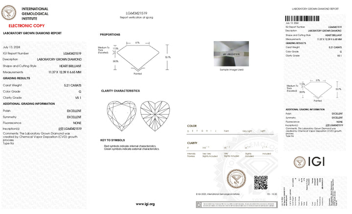 IGI zertifiziert 5,21 CT Heart Cut Labor-Diamant, G-Farbe, VS1 Klarheit