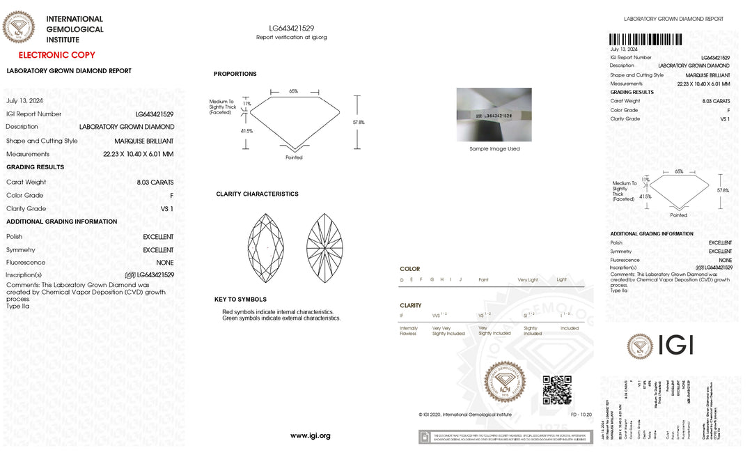 IGI Certified 8.03 Carat Marquise Cut Lab-Grown Diamond (F Color, VS1 Clarity)