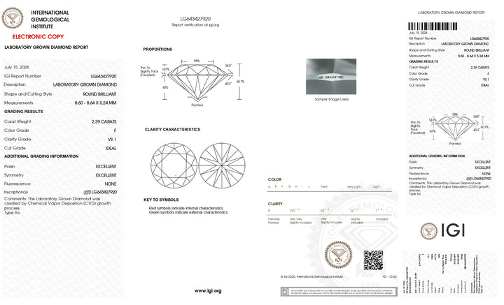 IGI-zertifizierter, runder, im Labor gezüchteter Diamant mit 2,39 Karat – Reinheit VS1, Farbe F, idealer Schliff