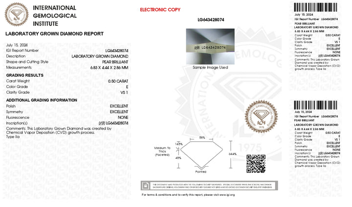 IGI Certified 0.50 CT Pear Cut Lab-Grown Diamond, E Color, VS1 Clarity, CVD