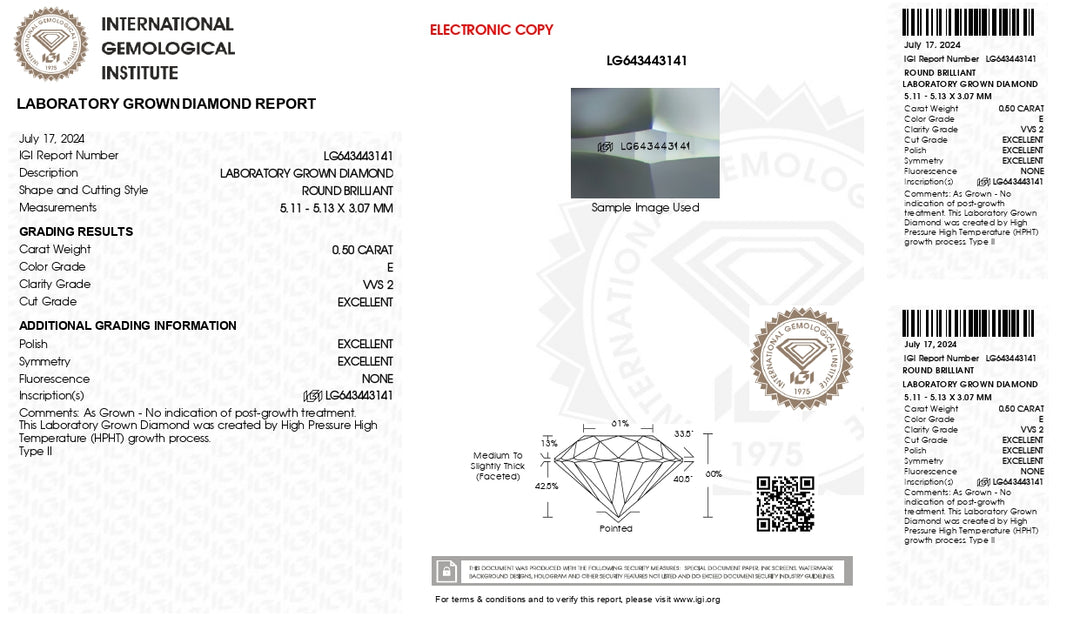 IGI-zertifizierter, runder, im Labor gezüchteter Diamant im Wert von 0,50 Karat – Farbe E, Reinheit VVS2, exzellenter Schliff