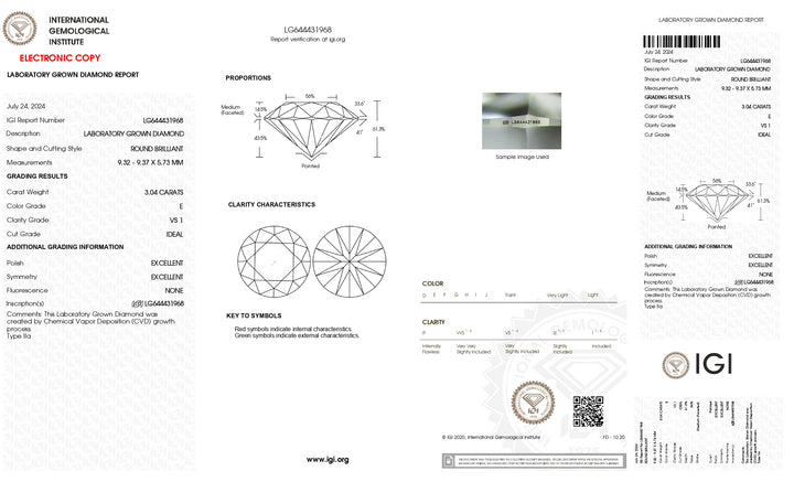 IGI-zertifizierter, runder, im Labor gezüchteter Diamant mit 3,04 Karat – Farbe E, Reinheit VS1, idealer Schliff