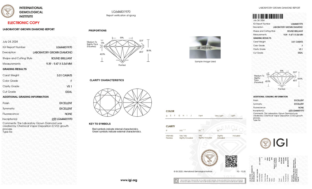 IGI-zertifizierter, runder, im Labor gezüchteter Diamant mit 3,01 Karat – Farbe F, Reinheit VS1, idealer Schliff