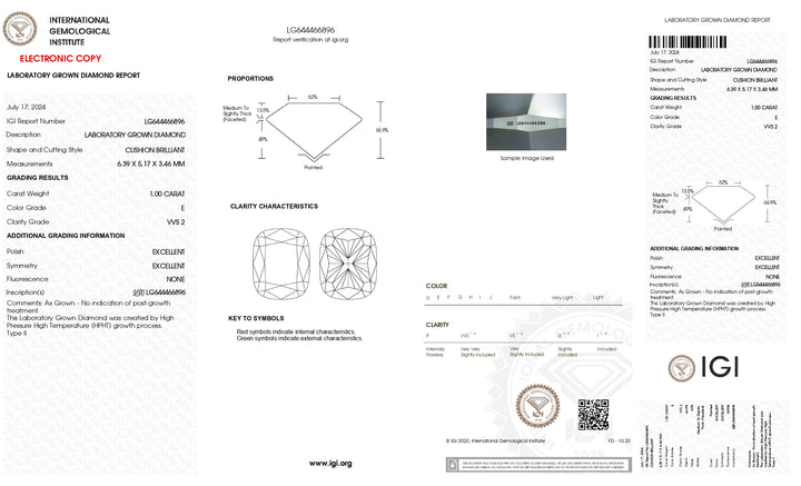 IGI Certified 1.00 CT Long Cushion Cut Lab-Grown Diamond – VVS2 Clarity, E Color