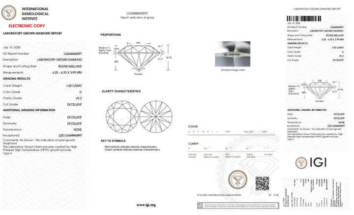 IGI Certified 1.00 CT Round Cut Lab-Grown Diamond - D Color, VS2 Clarity, Excellent Cut