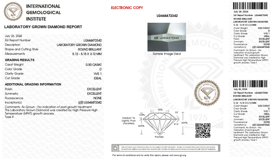 IGI-zertifizierter, im Labor gezüchteter Diamant im Rundschliff, 0,50 Karat – Farbe D, Reinheit VVS1, exzellenter Schliff