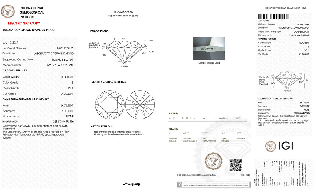 IGI Certified 1.00 CT Round Cut Lab-Grown Diamond - E Color, VS1 Clarity, Excellent Cut