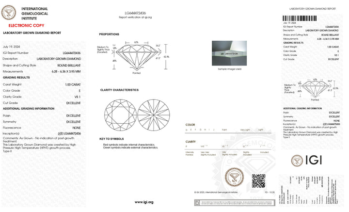 IGI Certified 1.00 CT Round Cut Lab-Grown Diamond - E Color, VS1 Clarity, Excellent Cut