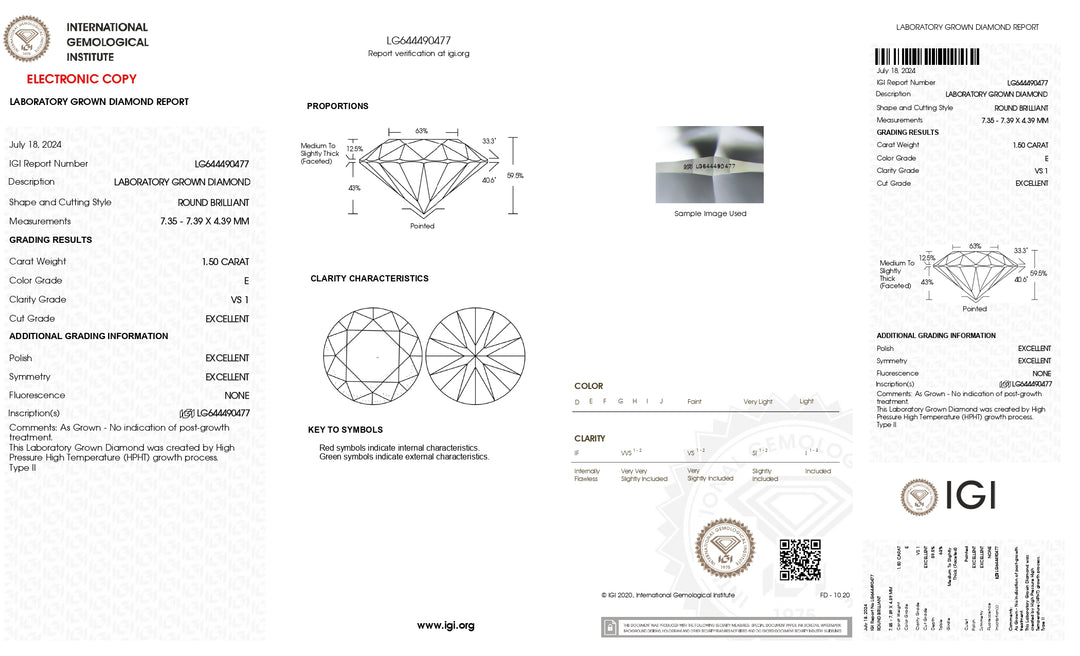 Diamant rond de 1,50 ct cultivé en laboratoire - Certifié IGI, couleur E, pureté VS1