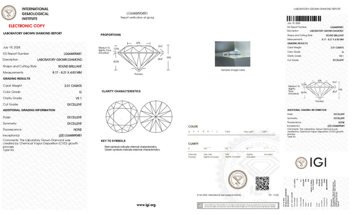 Diamant rond cultivé en laboratoire certifié IGI de 2,01 carats - Pureté VS1, couleur G, excellente taille