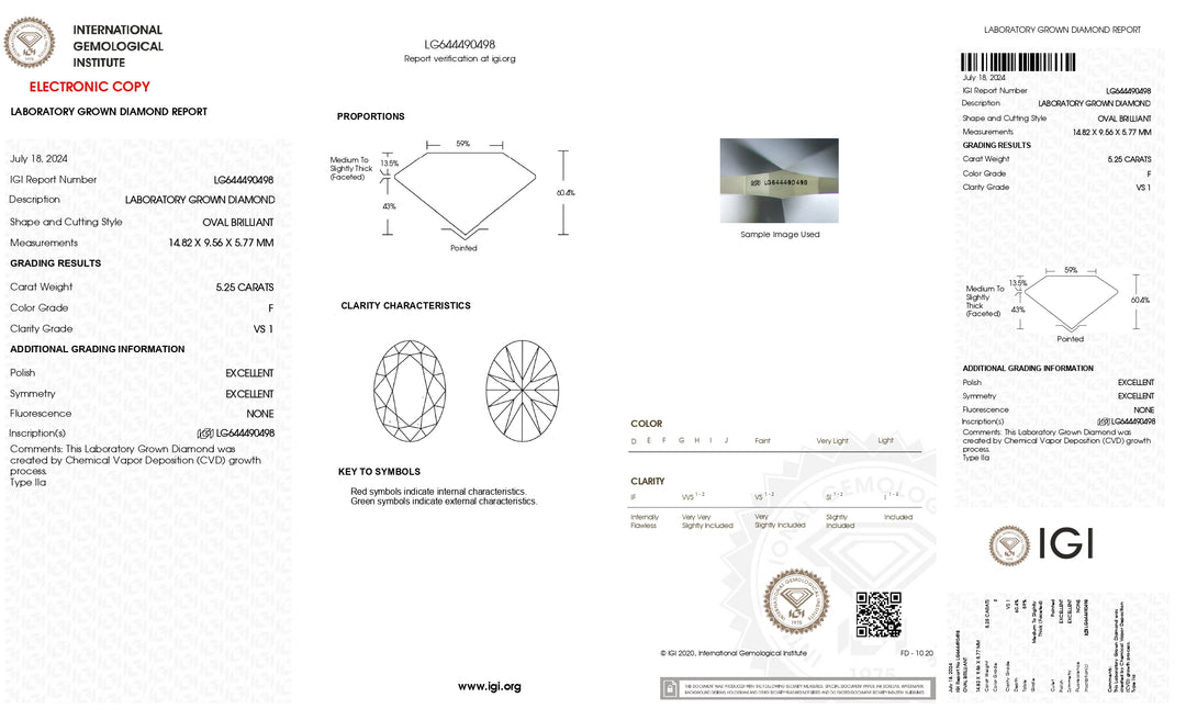 IGI Certified 5.25 CT Oval Cut Lab-Grown Diamond – VS1 Clarity, F Color