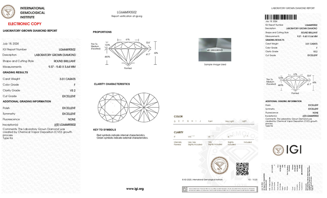 IGI Certified 3.01 CT Round Cut Lab-Grown Diamond - VS2 Clarity, F Color