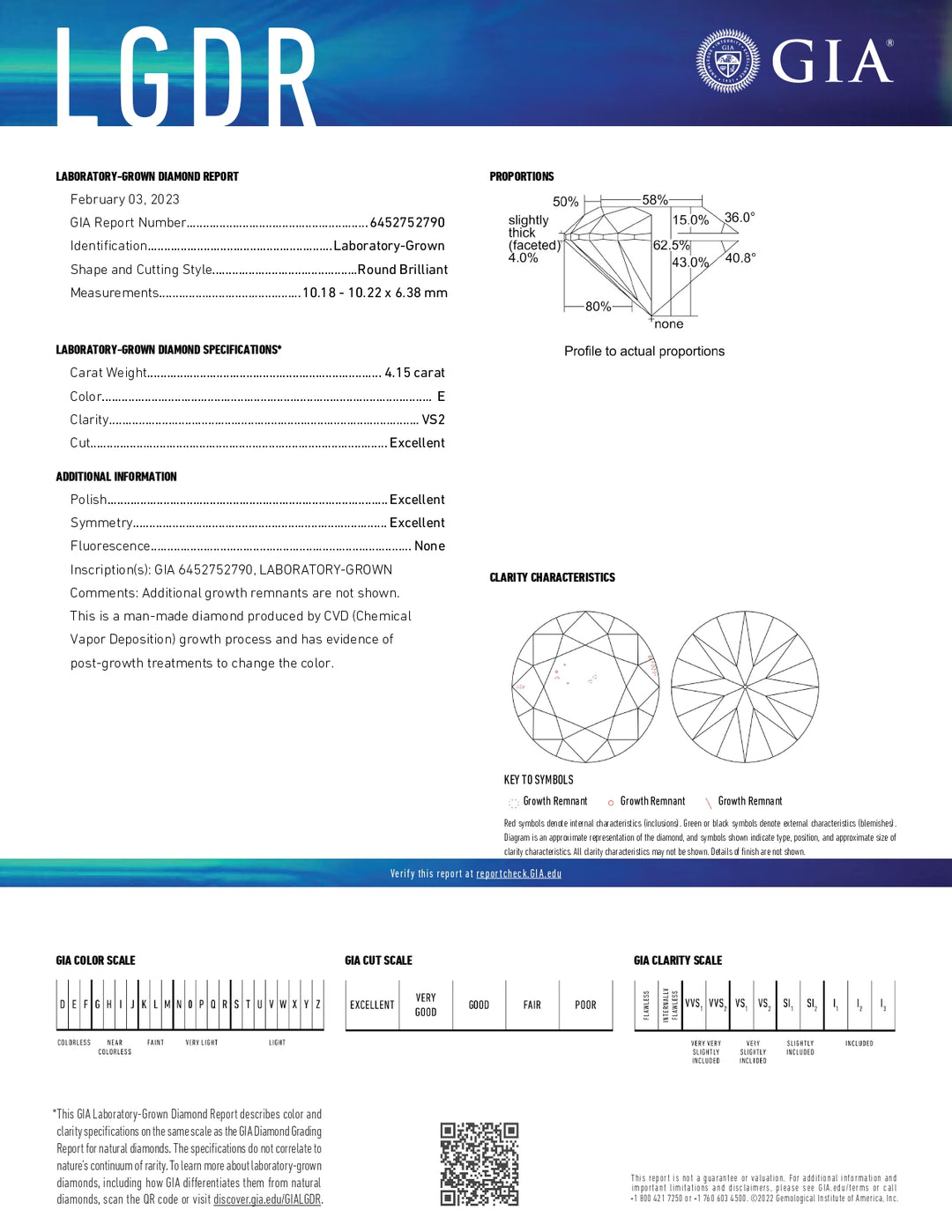 Diamant cultivé en laboratoire de taille ronde certifié GIA de 4,15 ct - Clarté VS2, couleur E, excellente coupe