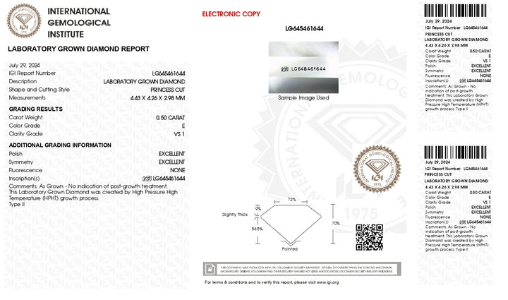IGI Certified 0.50 CT Princess Cut Lab-Grown Diamond - VS1 Clarity, E Color