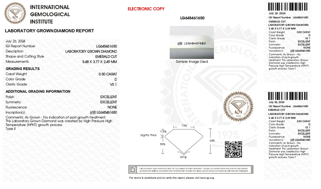 Diamant de laboratoire taille émeraude certifié IGI de 0,50 ct - Couleur D, pureté VS1, excellente taille et polissage