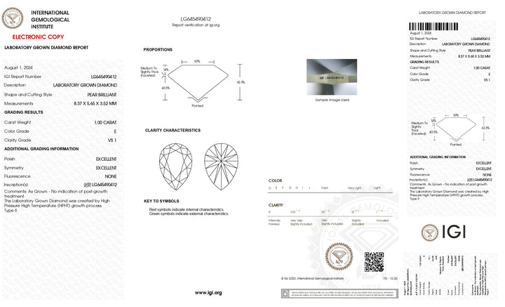 IGI Certified 1.00 CT Pear Cut Lab-Grown Diamond, E Color, VS1 Clarity, CVD