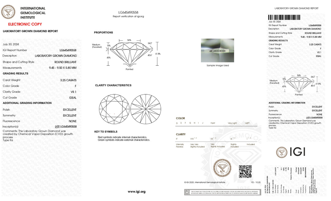 IGI Certified 3.25 CT Round Cut Lab-Grown Diamond - F Color, VS1 Clarity