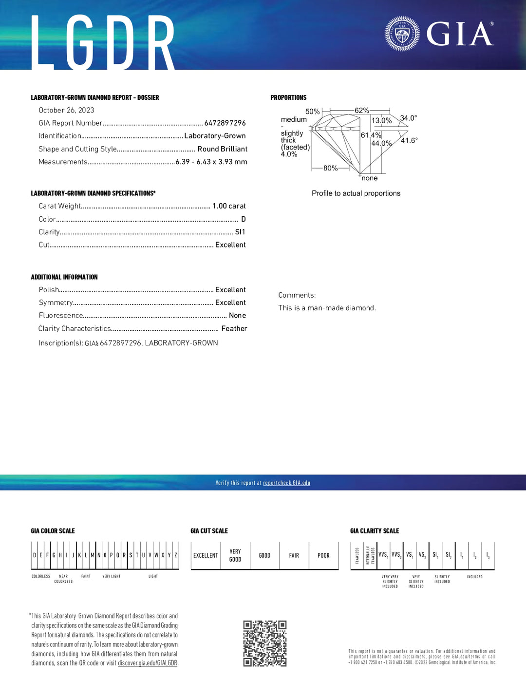 GIA certificeret 1,00 ct runde lab dyrket diamant - d farve, SI1 klarhed