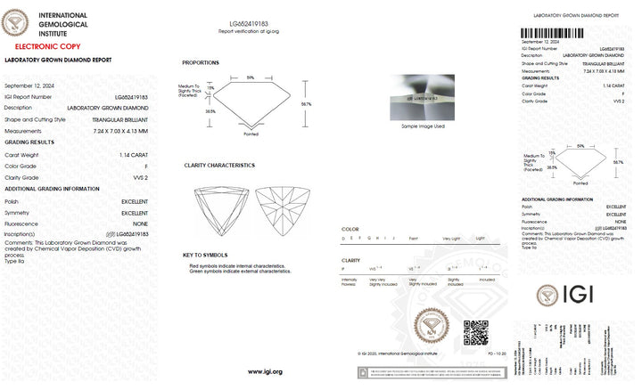 1.14 Carat Triangle Lab Grown Diamond, VVS2/F