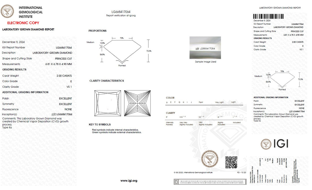 2.00 Carat Princess Lab Grown Diamond, VS1/E