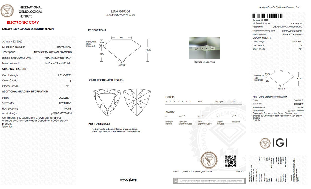 1.01 Carat Triangle Lab Grown Diamond, VS1/E