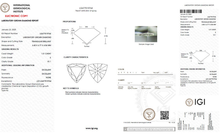 1.01 Carat Triangle Lab Grown Diamond, VS1/E